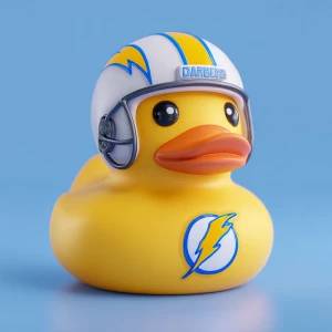 A 3d image of a rubber duck wearing a football helmet and with t...