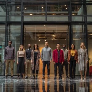 Show a dynamic scene at the entrance of a contemporary office bu...