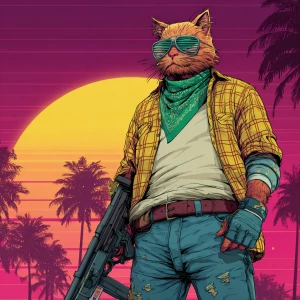 A humanoid cat character standing in a tropical setting with a b...