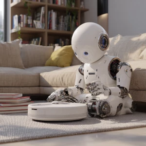 Humanoid robot vacuuming a living room floor.