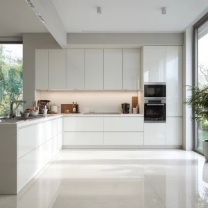 Create an image of an ultra-modern kitchen with all-white cabine...