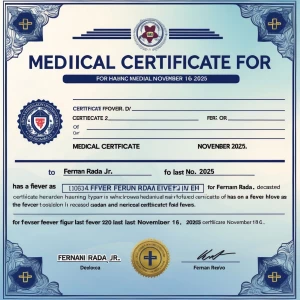 Medical Certificate For Fernan Rada Jr. For Having A fever last...