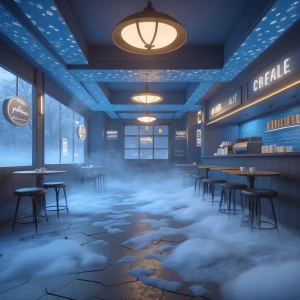 create a visual 3d model of a cafe that has a blue snowy theme w...