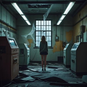standing in a dimly lit abandoned building, surrounded by old ru...