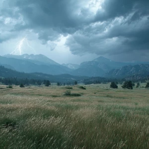 Cinematic 16:9 wide shot of Rocky Mountain meadow as dark storm...