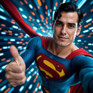 Superman, change logo to Drive369,  giving a thumbs up, above a...
