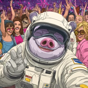 Cute cartoon pig in vintage white spacesuit and NASA style helme...