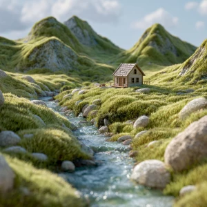 A landscape looks like spun wool, a house in the middle of green...