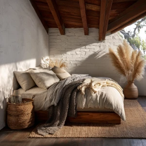 High-resolution photograph of a natural textures bedroom, full-r...