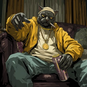 A humanoid cat character sitting in a dark room with striped cur...