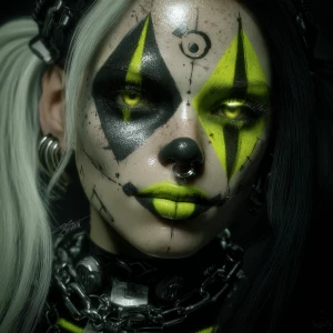 A surreal portrait of a sinister clown-inspired character with s...