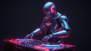 Futuristic DJ robot with glowing neon lights, mixing music on a...