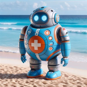 Highly detailed CGI Baymax as a lifeguard in a  blue lifeguard s...