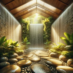 You find yourself in the Waterfall Veil Room, a serene outdoor h...