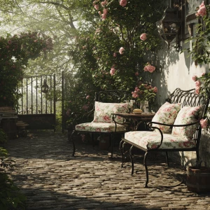 Create a serene outdoor garden scene with a rustic charm. Includ...