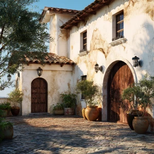 Capture a picturesque Italian villa featuring cream stucco walls...