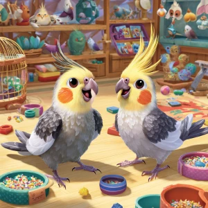 Illustrate a lively setting in a vibrant aviary, where two anima...