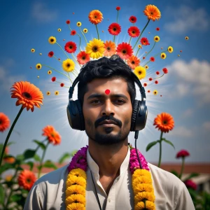 Indian Man wearing headphone and his head blast with the music t...