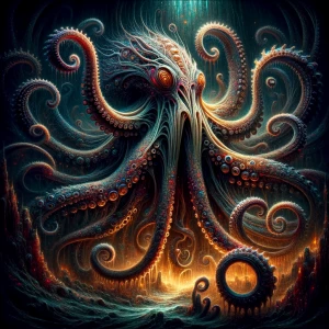 In the dimly lit depths of the still, a cryptic zany tentacled t...