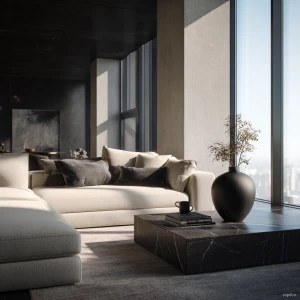 Create an ultra-realistic image of a monochrome luxury living ro...