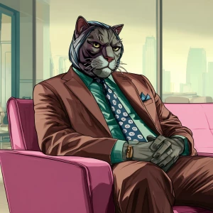 A humanoid cat character with slicked-back dark hair, wearing a...