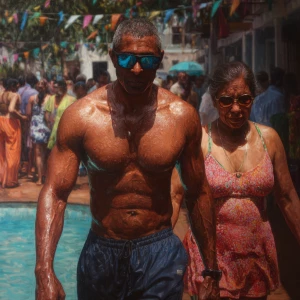Hyperrealism, oil painting,a muscular beefy kerela man walking ,...