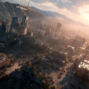 A wide-angle, cinematic shot of a dystopian Los Angeles in the a...
