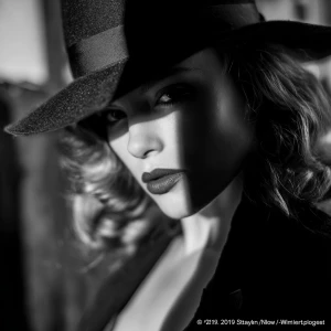 "Noir style, close up, femme fatale, B&W, shadows"