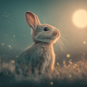 a tiny baby rabbit named Noodle sitting in soft dreamlike grass...