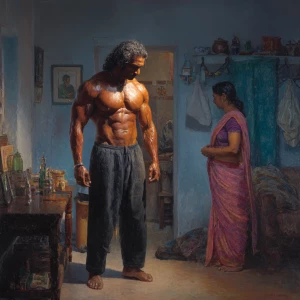 Hyperrealism,oil painting  ,a indian  muscular beefy  sweaty man...