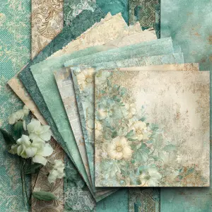 Soft mint and pale emerald sari-style scrapbook paper, creamy ag...