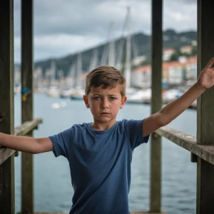 close-up-shot of A preteen Caucasian boy stands centered in the...