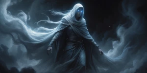 A ghostly figure draped in shadows, the nocturnal chilling void...