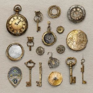 Prompt: Pocket-watch bezels, small gears, keys—flat watercolor o...