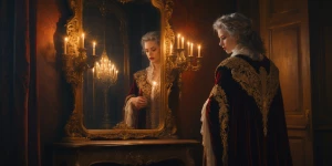 In a dimly lit chamber, a baroque immaculate enchanter exudes an...