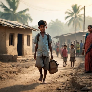 Young boy Babu walking barefoot to village school, old school ba...