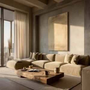 Create a luxurious editorial living room with a warm beige palet...