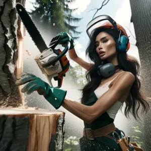 young female arborist cutting tree down with chainsaw