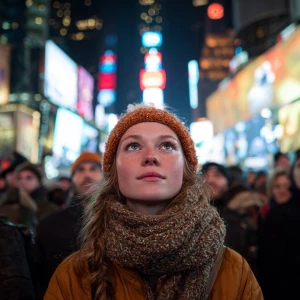 A young woman, gazing directly into the camera,  welcoming the N...