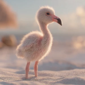 A baby flamingo chick standing on soft beach sand, ultra-realist...