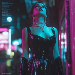 “Neon noir femme-fatale aesthetic, cinematic lighting, glossy bl...