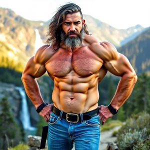 Make a man with gray-black hair and beard bodybuilder big arms a...