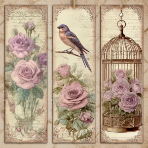 Victorian Mauve Rose Aviary Bookmarks – 3 Elegant Bookmarks (Bir...