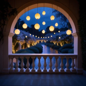 Crescent Moon Balcony
A graceful balcony framed by arched stone...