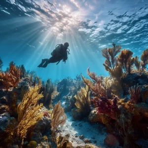 A scuba diver immersed in a dazzling coral reef habitat, illumin...