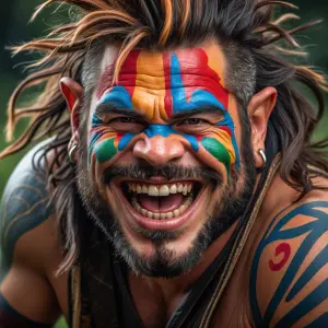 A jovial wacky orc chieftain, his face adorned with mismatched w...