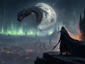Epic cinematic key art: a colossal dragon-moon (a petrified drag...