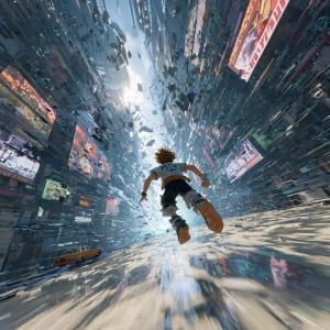 unleashing a gravity pulse in a neon-lit cityscape, floating abo...