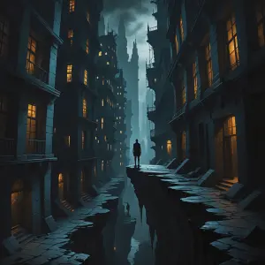 In the dimly lit cityscape of a cimmerian metropolis, shadows da...
