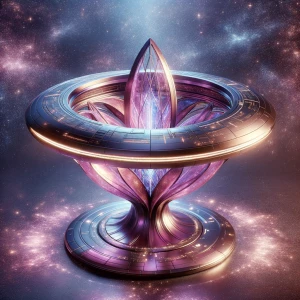 A mesmerizing mauve-tinted quantum transporter, its surface shim...